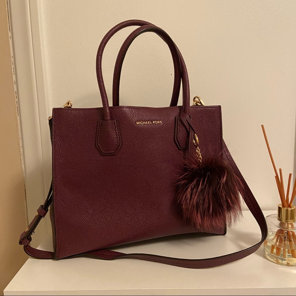 Michael Kors plum tote with real fox fur key chain